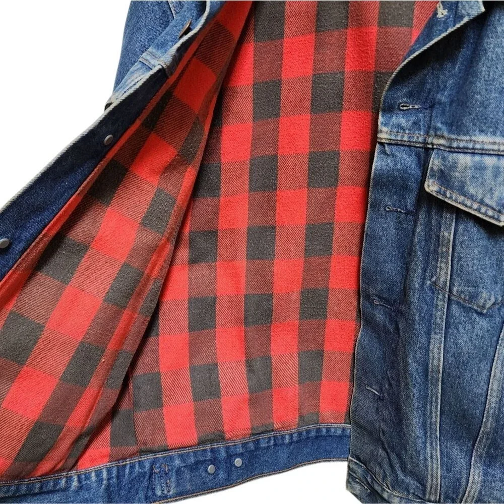 Plain Pocket Blue Denim Jean Jacket Men 40 Buffalo Plaid Lining Trucker Western